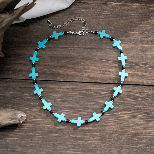 Collier polyvalent Hip Hop au design classique et à la mode avec croix turquoise