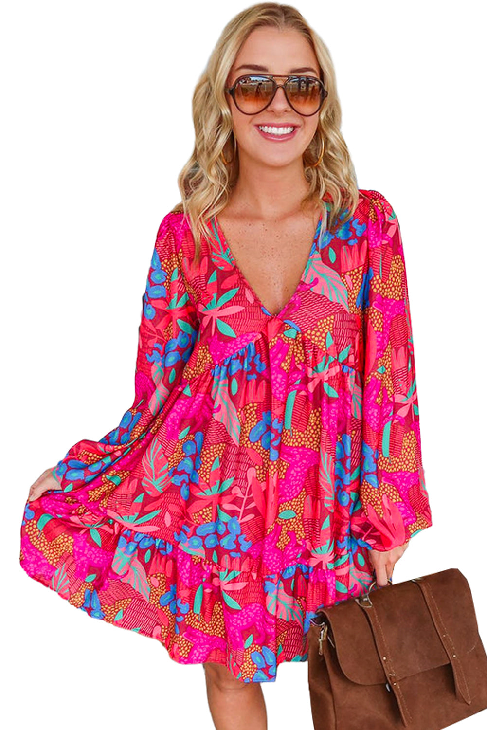 Robe fluide rose à col en V et manches bouffantes à fleurs style Boho