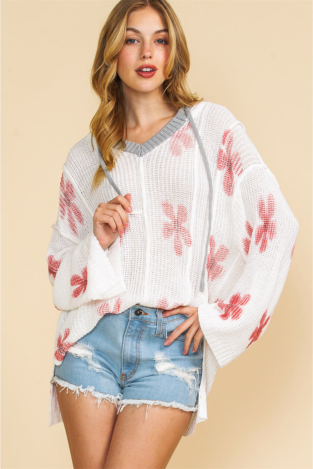 White Floral Print Oversized Knit Hooded Sweater