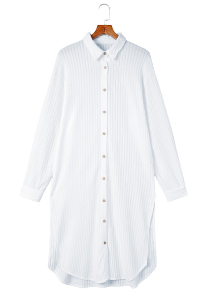 White Striped Crinkle Button Front Cover Up Shirt Dress