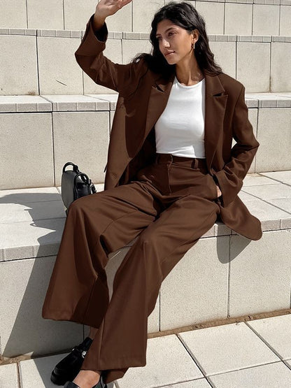 Blazer Vintage à la mode pour femmes, pantalon à jambes larges, ensemble deux pièces