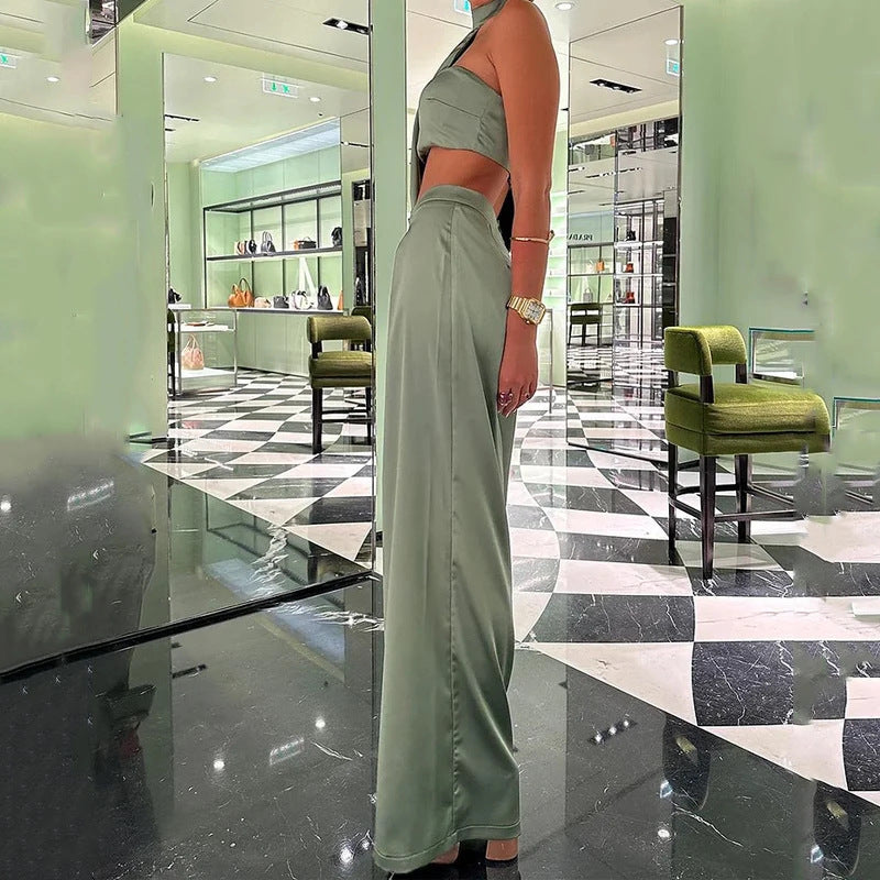 Summer New Halter Slant Shoulder Tube Top Sexy Wide Leg Pants Suit