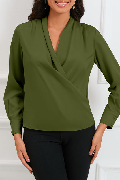 Green Solid Wrap V Neck Long Sleeve Top