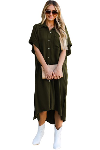 Jungle Green Loose High Low Side Slits Short Sleeve Shirt Dress