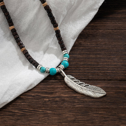 Collier pendentif en perles de bois mosaïque et turquoise avec plumes, exquis et tendance