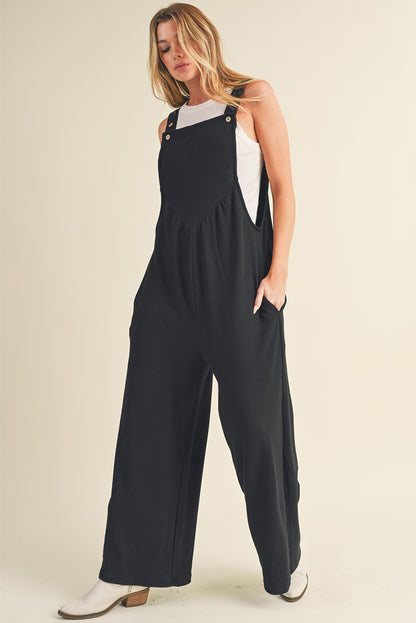 Black Textured Adjustable Straps Ruched Wide Leg Jumpsuit