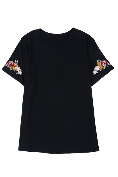 Black Casual Floral Embroidered Round Neck T Shirt