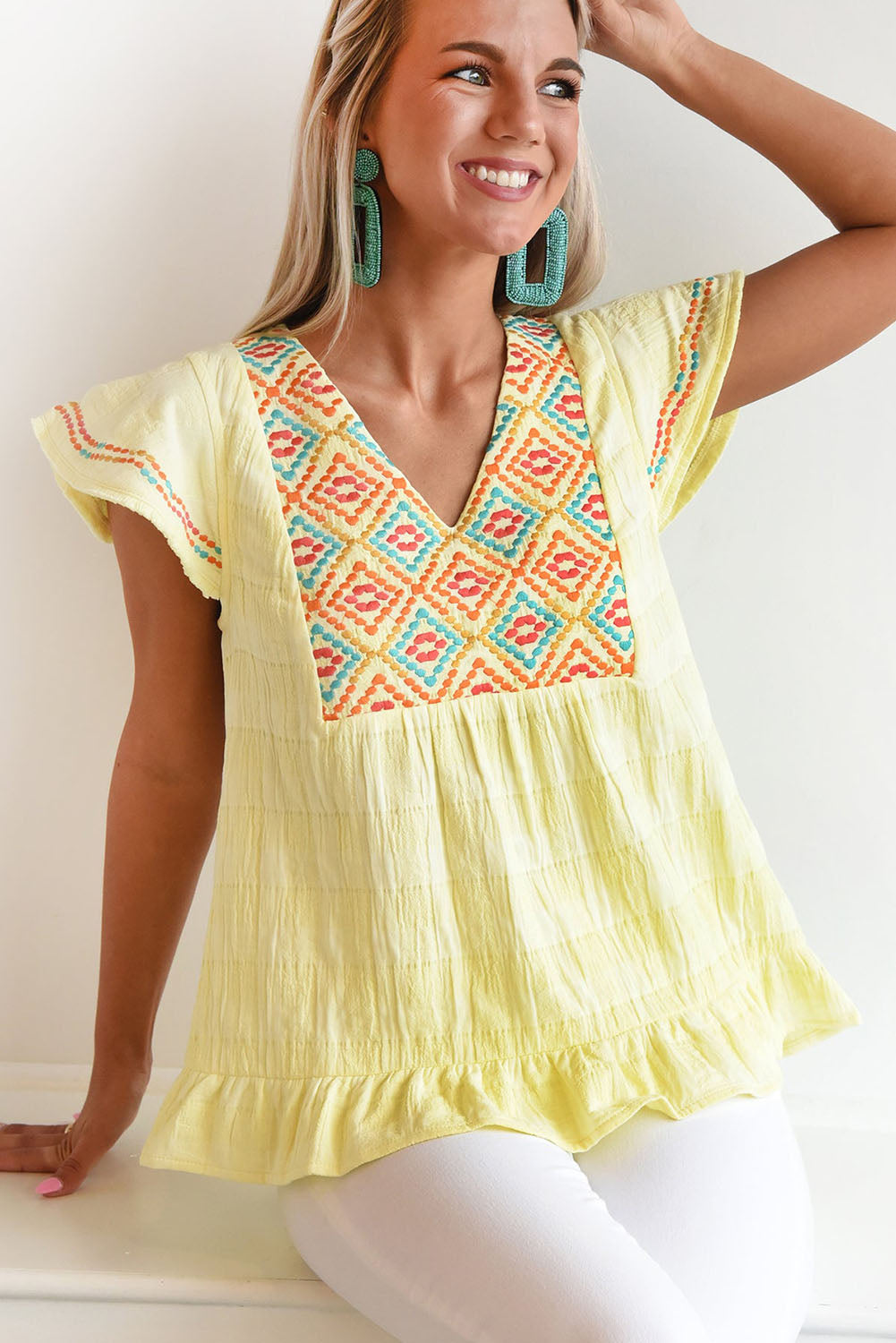 Yellow Geometric Embroidery Ruffles V Neck Textured Top