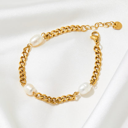 18k gold noble simple pearls and Cuban chain design bracelet