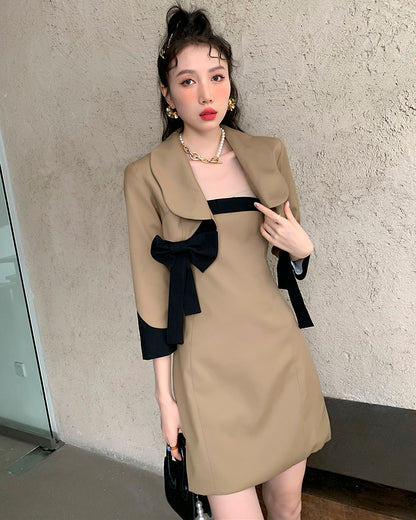 Women's Bow Knot Blazer Short Jacket Dress Set