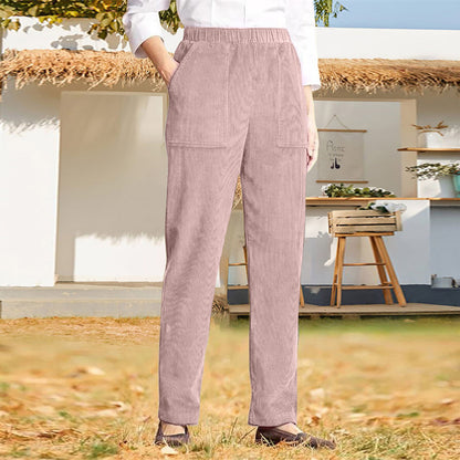 Pantalon décontracté droit rayé à taille élastique de couleur pure pour femme