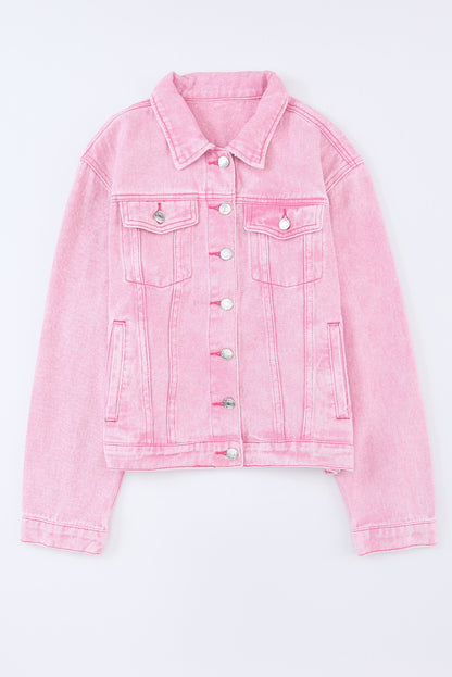 Pink Light Wash Flap Pockets Button Up Denim Jacket