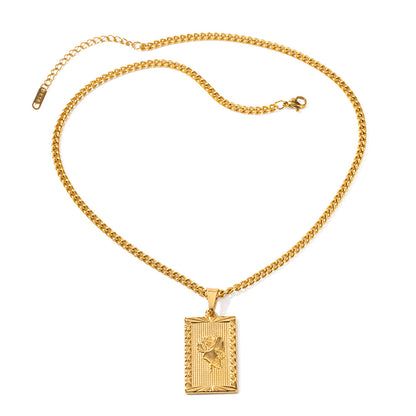 18K Gold Exquisite Fashion Rectangular Rose Tag Design Necklace