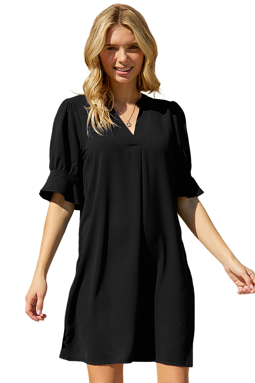 Black Split V Neck Short Sleeve Casual Tunic Dress