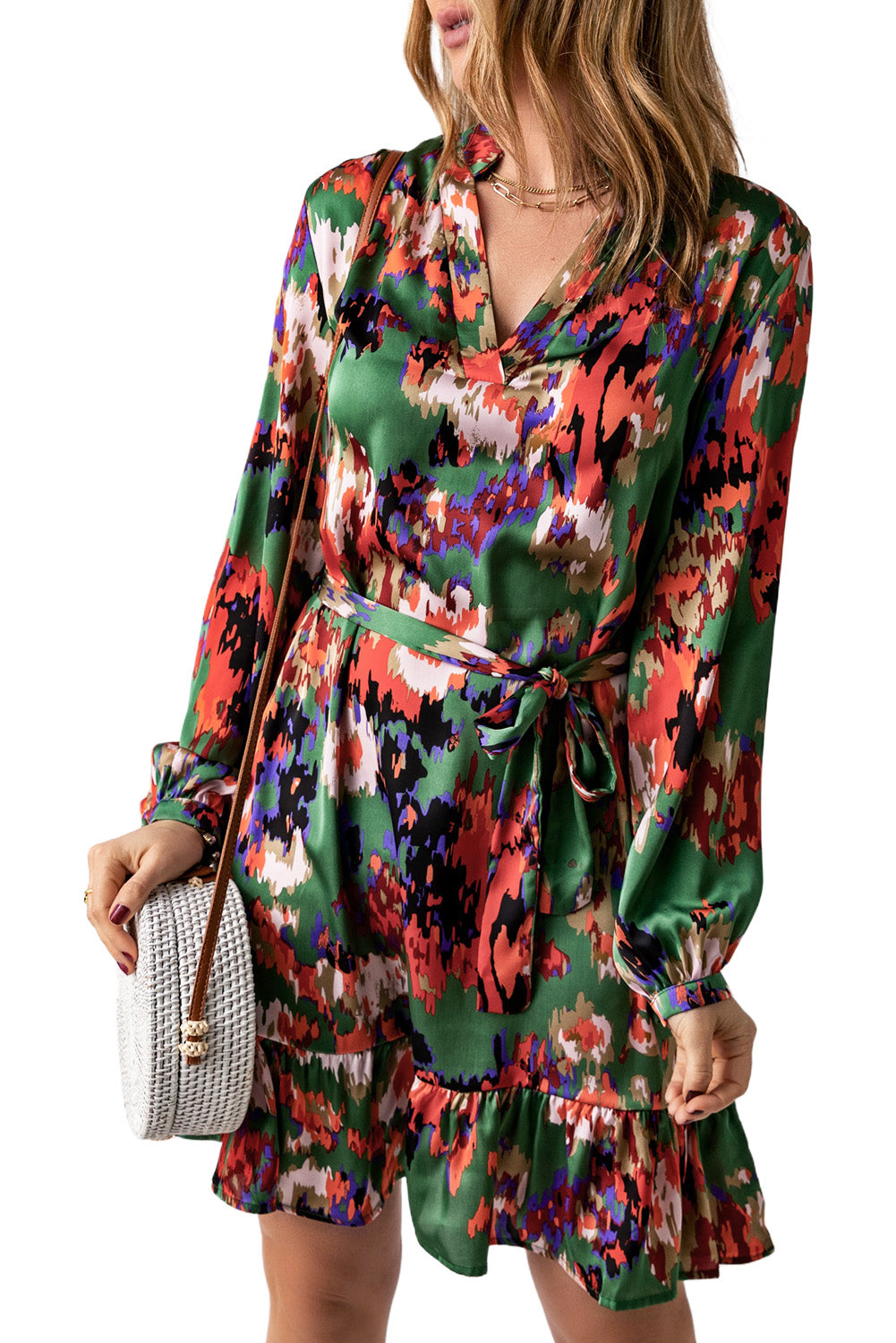 Abstract Print Waist Belted Flounce Hem Split V Neck Long Sleeve Dress