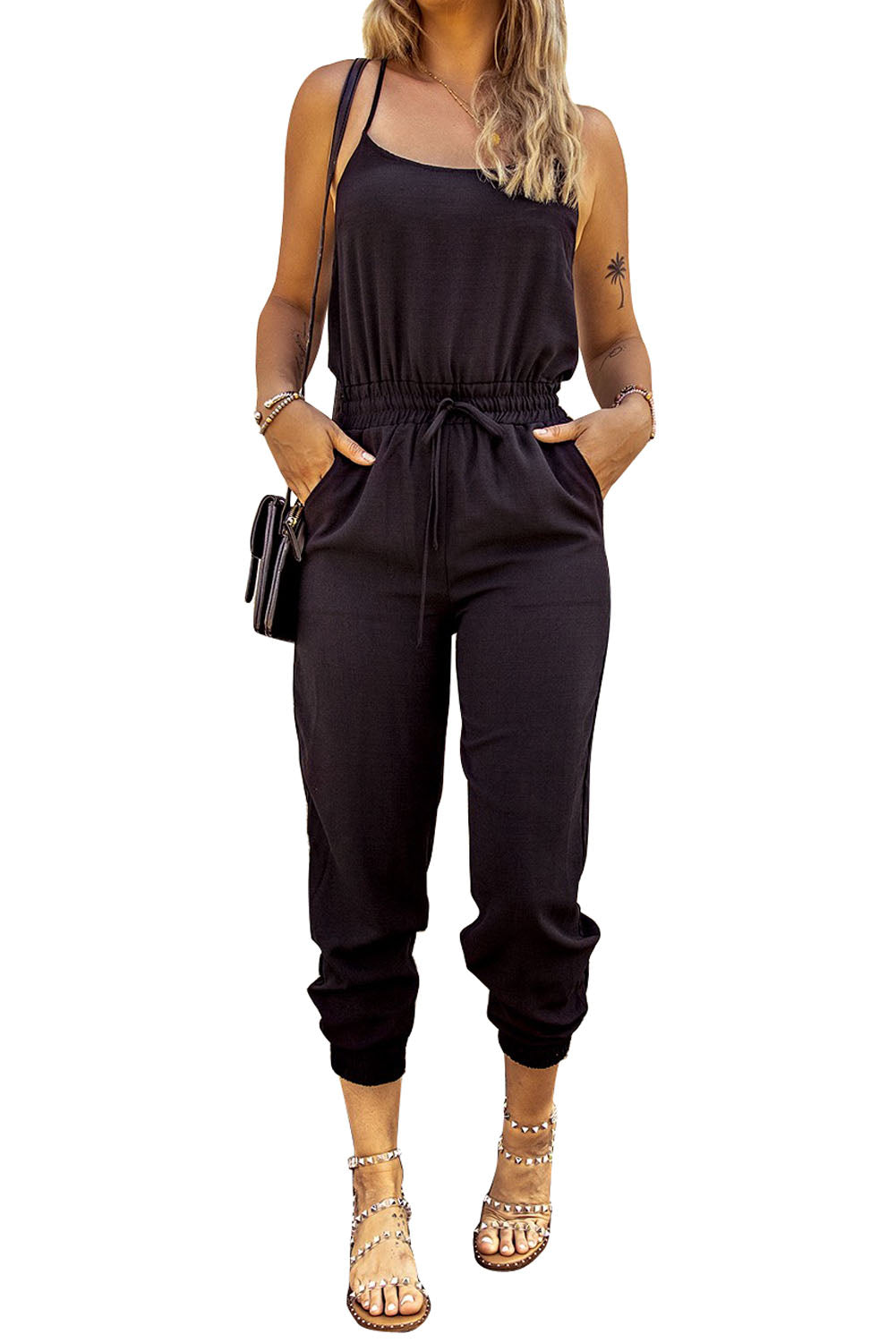 Blue Drawstring Waist Spaghetti Straps Jumpsuit