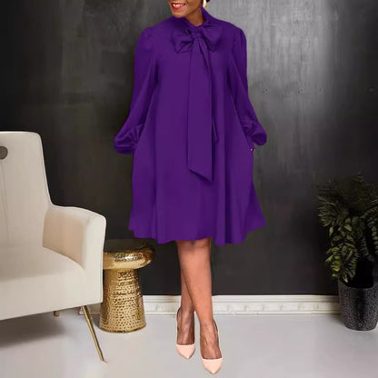 Robe lanterne à manches longues avec nœud noué de couleur pure pour femmes