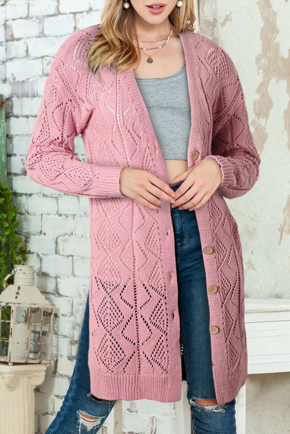 Cardigan long ample boutonné kaki ajouré