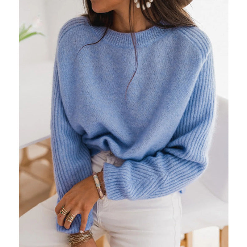 Pull en velours côtelé Bedford bleu lait européen pour femme, col rond, manches longues, tricot, vêtements décontractés pour femmes, haut en tricot à la mode, vêtements d'extérieur