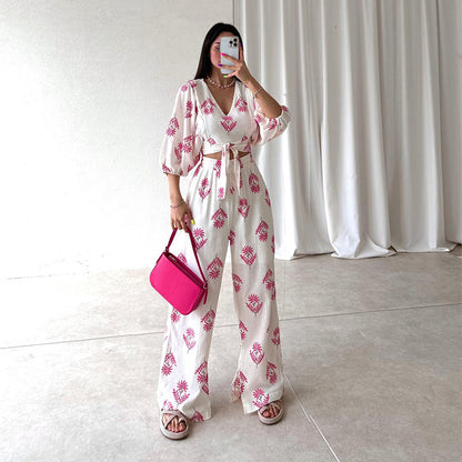 Women's Elegant V-neck Printed Puff Sleeve Top Trousers Two-piece Set