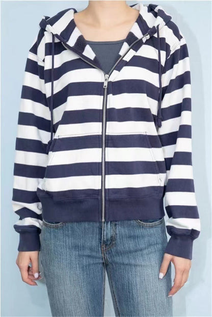 New Mixed Color Stripe Zipper Hooded Cardigan Women's Long Sleeve Jacket Top