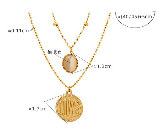 Plaque ronde classique simple LOVE en or 18 carats avec collier double couche opale