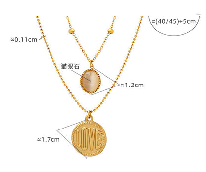 Plaque ronde classique simple LOVE en or 18 carats avec collier double couche opale