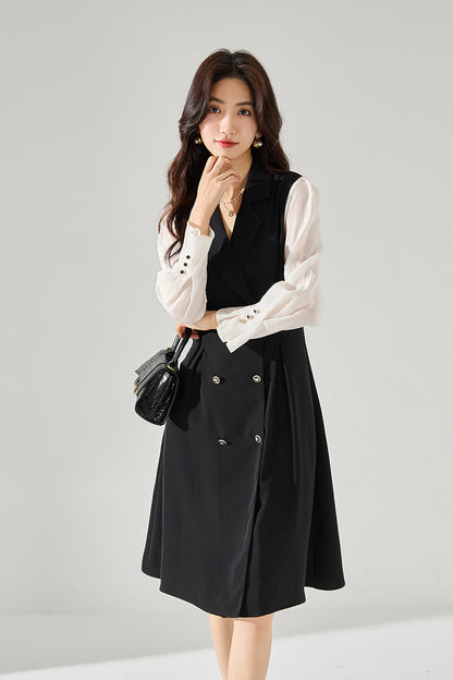 Black Suit Collar Patchwork Waist-slimming Dress