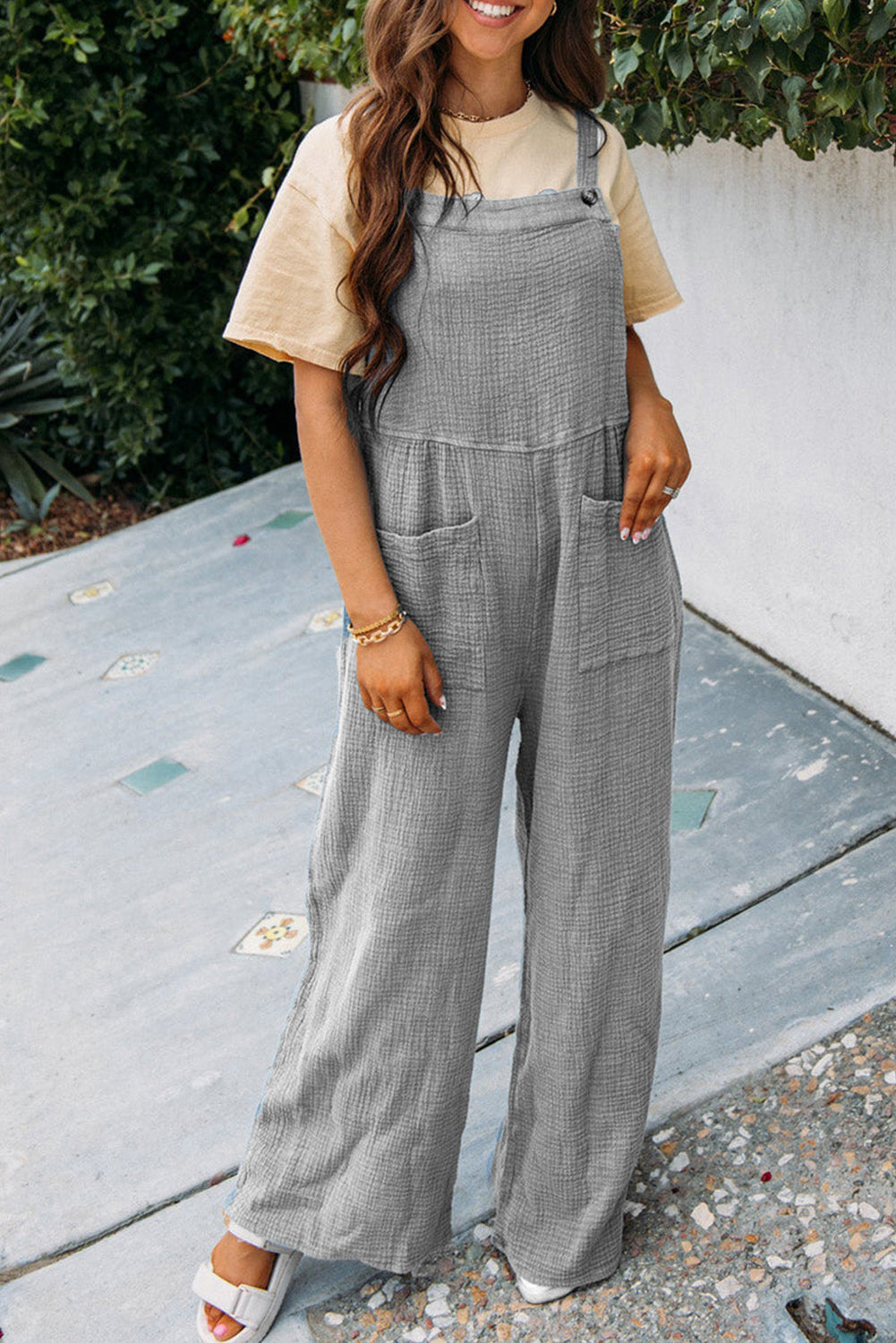 Gray Textured Wide Leg Overall with Pockets