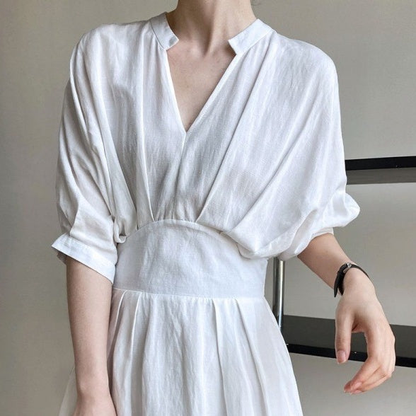 Robe longue amincissante à col de tempérament de Style français, serrée à la taille, coupe cintrée, pour les vacances