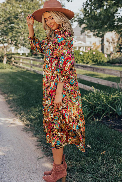 Yellow Paisley Abstract Print Collared 3/4 Sleeve Midi Dress