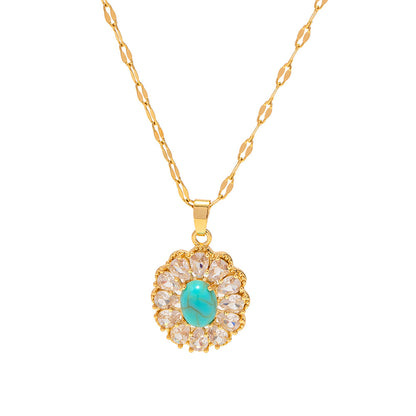 18K Gold Exquisite Dazzling Inlaid White Zircon Songhua Stone Disc Design Versatile Pendant Necklace