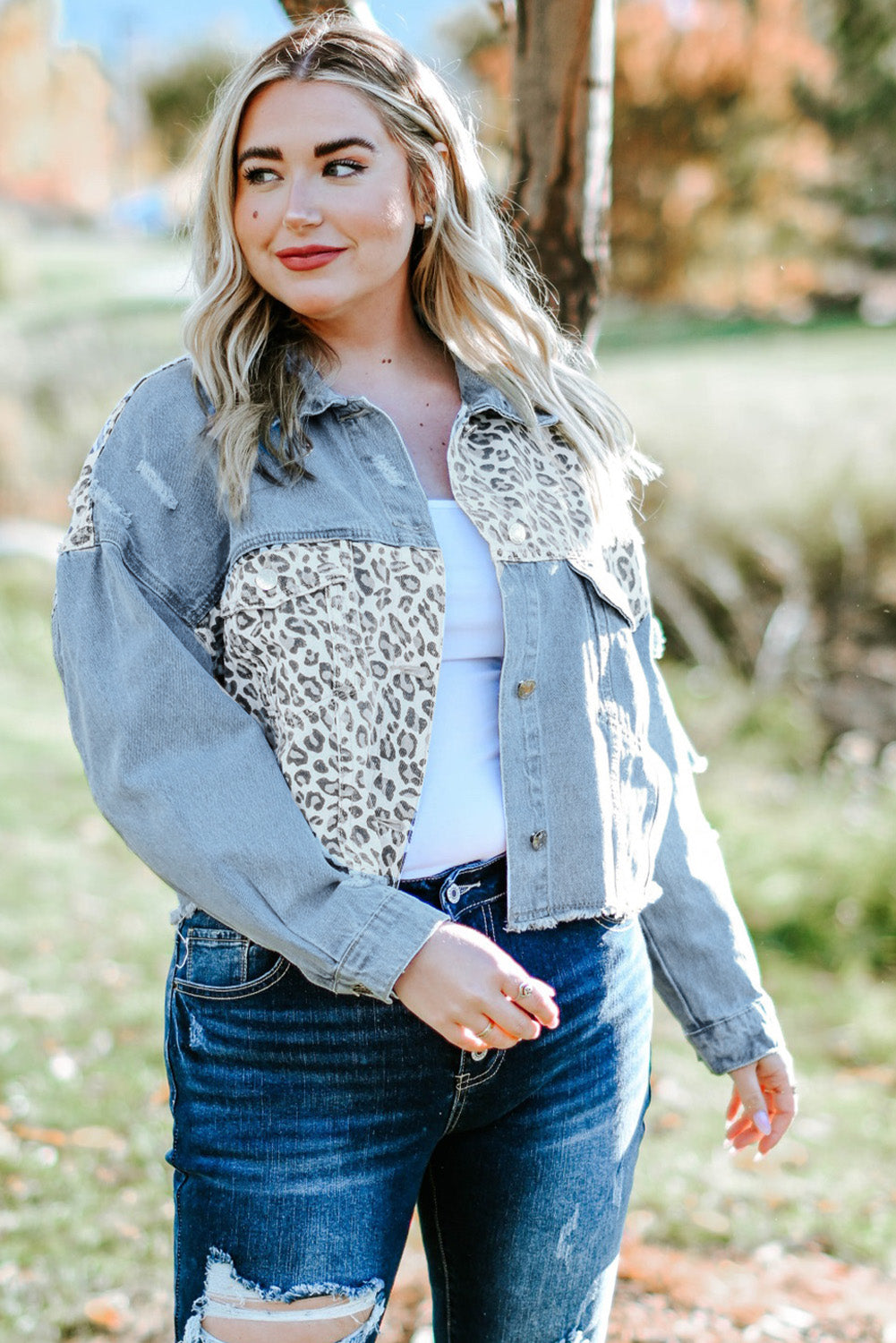 Veste en Jean Courte Déchirée Léopard Bleue Grande Taille