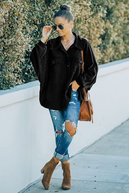 Black Polo Collar Buttoned Patchy Top with Pockets