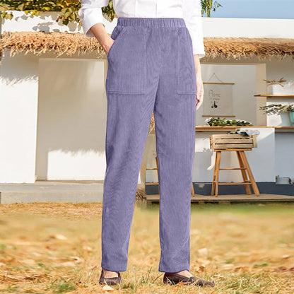 Pantalon décontracté droit rayé à taille élastique de couleur pure pour femme