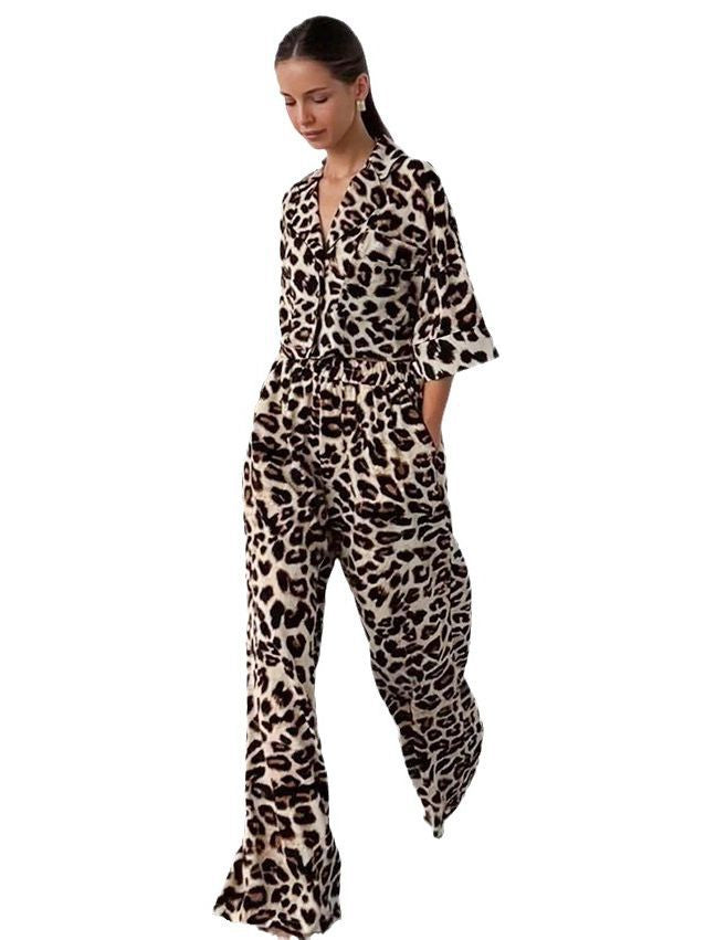 Women's Loose Leopard-print Shirt Wide-leg Pants Two-piece Set