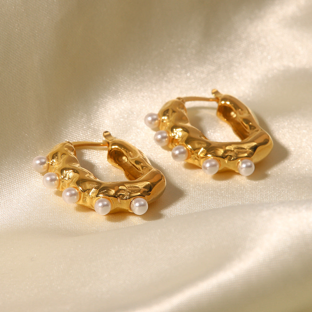 18k gold fashion simple irregular wave texture with geometric pearl design versatile earrings