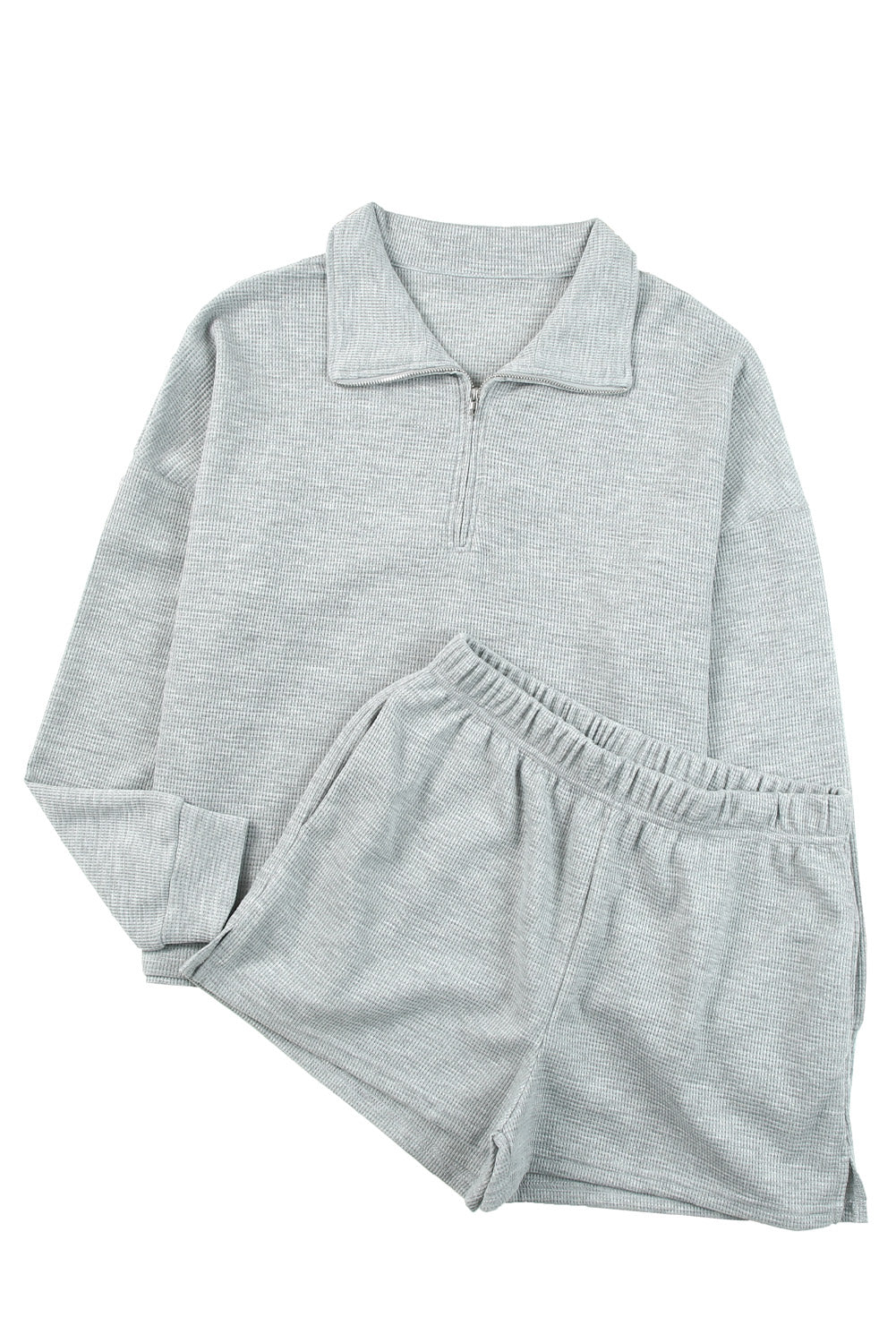 Graues Set aus geripptem Sweatshirt mit Reißverschluss und Shorts mit hoher Taille