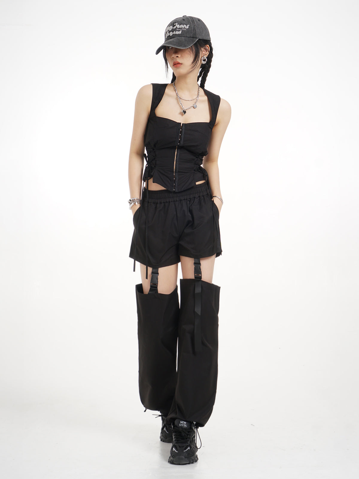 Black Thigh Hollowed Out Casual Women's Summer Detachable High Waisted Dance Pants With Holes