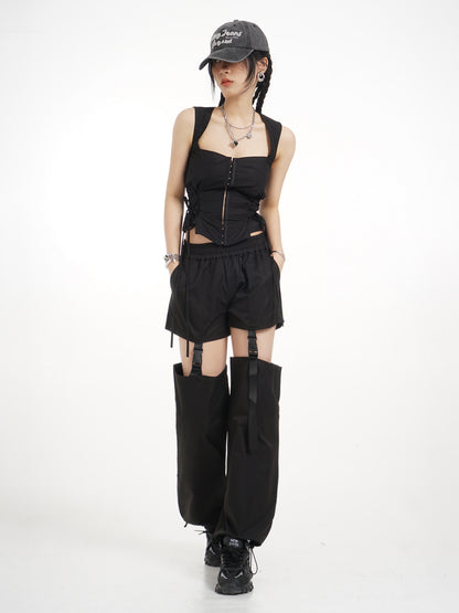 Black Thigh Hollowed Out Casual Women's Summer Detachable High Waisted Dance Pants With Holes