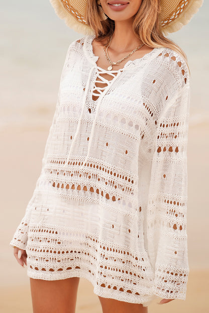 White Lace Up V Neck Hollow Out Knitted Long Sleeve Cover Up