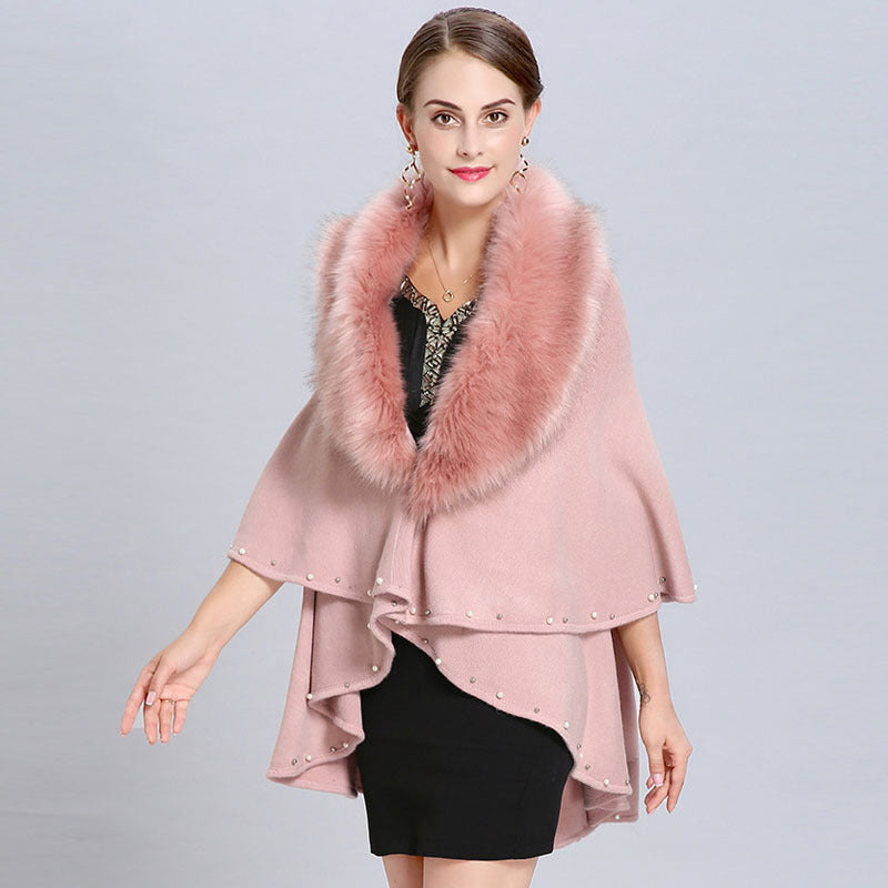 Women's Fashion Fur Collar Beaded Double Layer Inverness