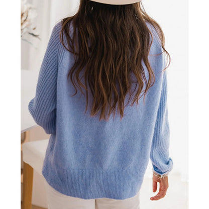 Pull en velours côtelé Bedford bleu lait européen pour femme, col rond, manches longues, tricot, vêtements décontractés pour femmes, haut en tricot à la mode, vêtements d'extérieur