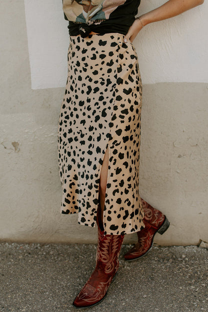 Khaki Leopard Print Side Split Midi Skirt