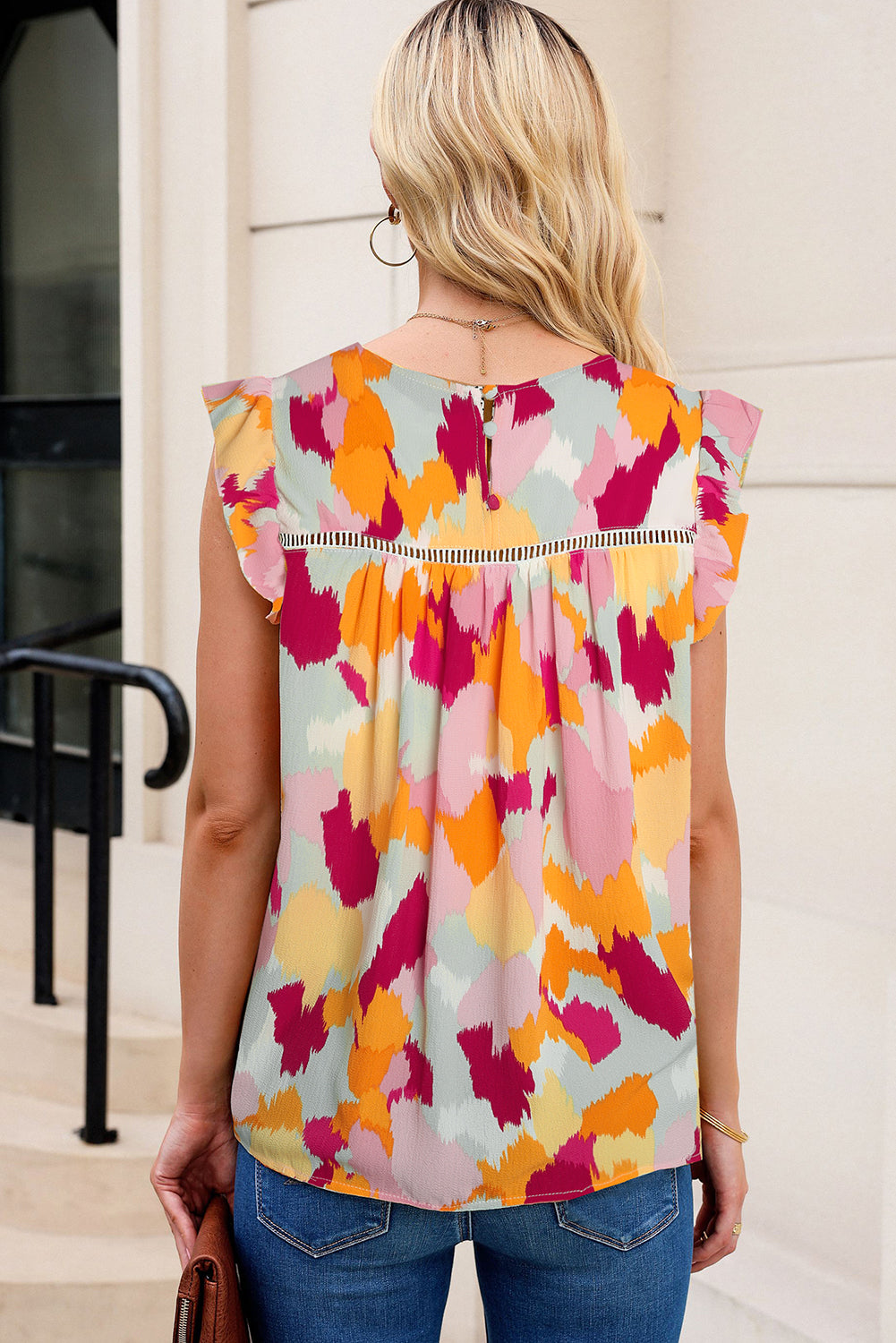 Yellow Abstract Printed Flutter Sleeveless Shirt