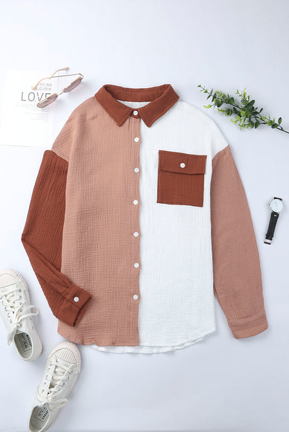 Chemise à manches longues texturée marron avec poche