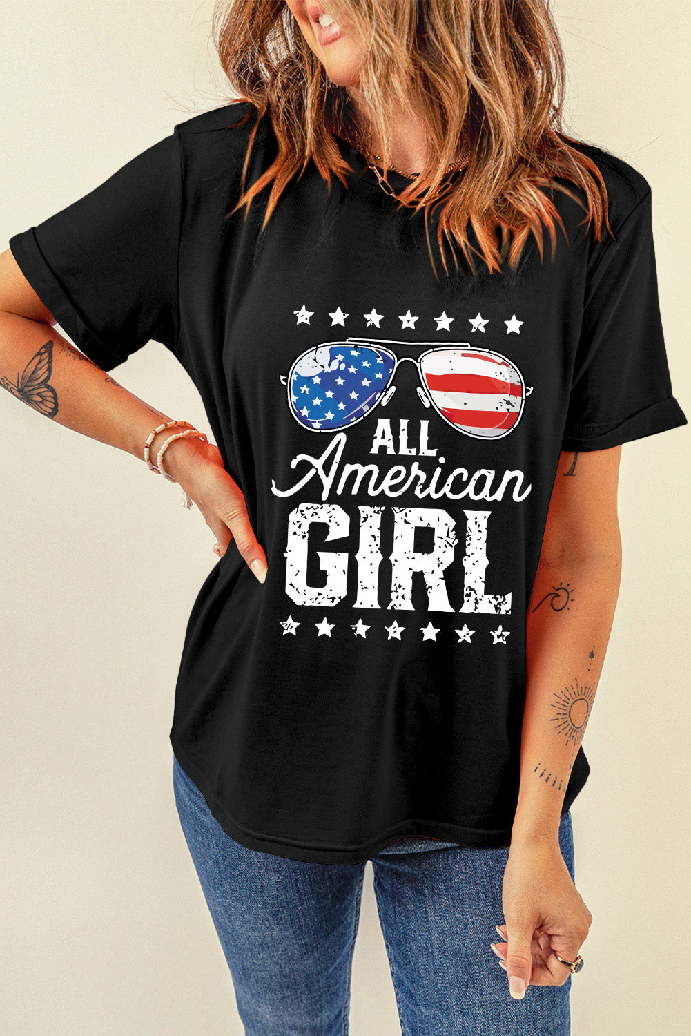 Schwarzes T-Shirt mit „Stars and Stripes Glasses“-Slogan-Grafik