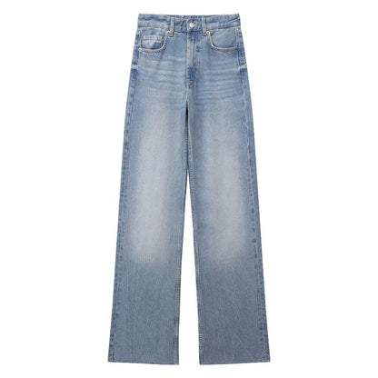 Pantalon en denim décontracté à taille haute et jambe large pour femme