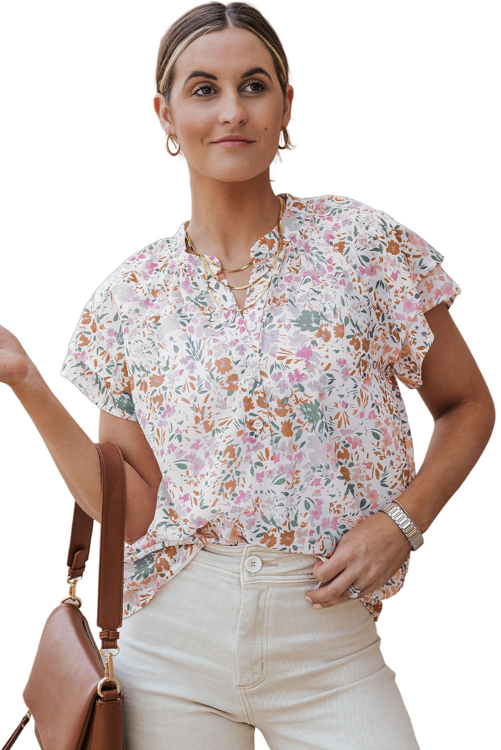 Multicolor Floral Mandarin Collar Top