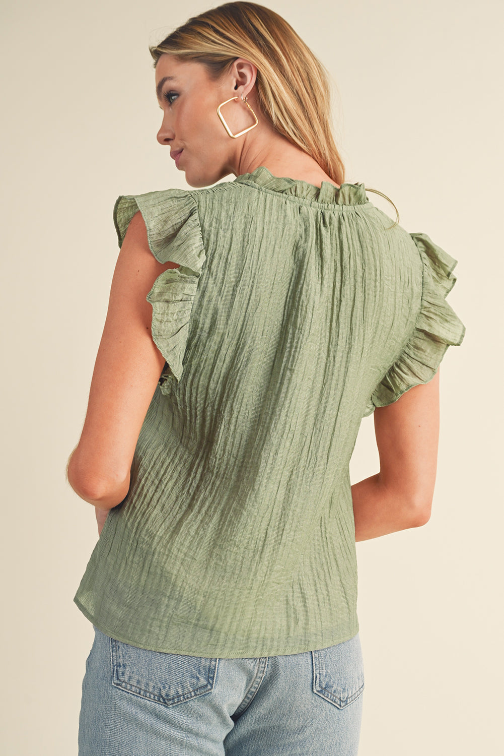 Meadow Mist Green V Neck Flutter Sleeve Textured Blouse